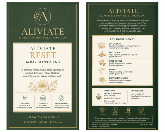 Aliviate Reset 14 Day Detox Blend packaging with green and gold label design.