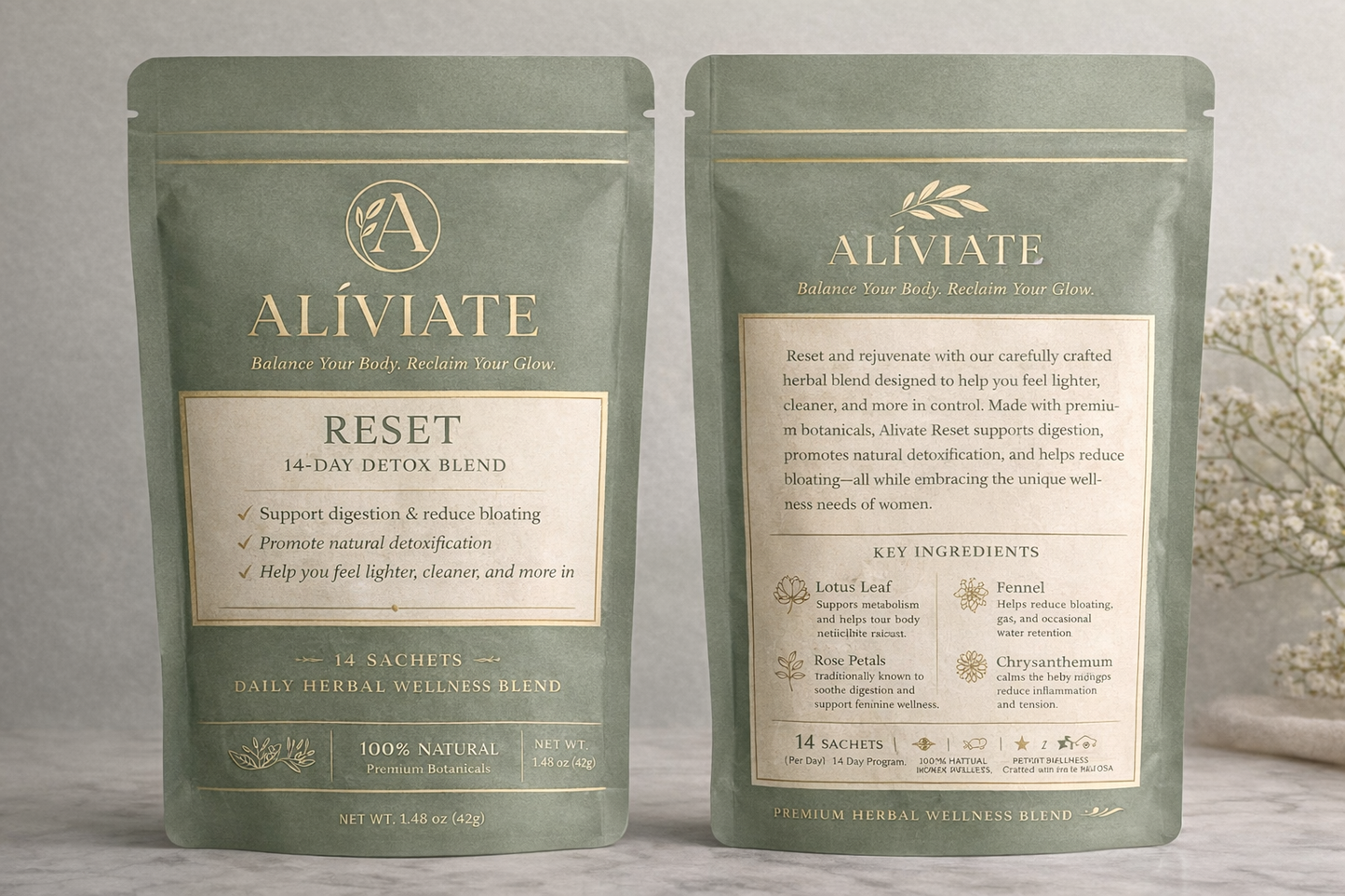 Two green packages of Aliviate Reset 14-Day Detox Blend on a gray background.
