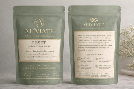 Two green packages of Aliviate Reset 14-Day Detox Blend on a gray background.