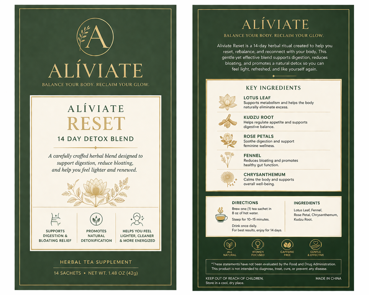 Aliviate Reset 14 Day Detox Blend packaging with green and gold label design.